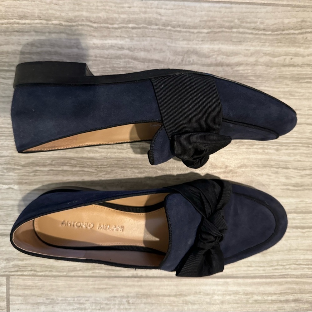 Antonio Melani navy blue suede with black grosgrain ribbon bow